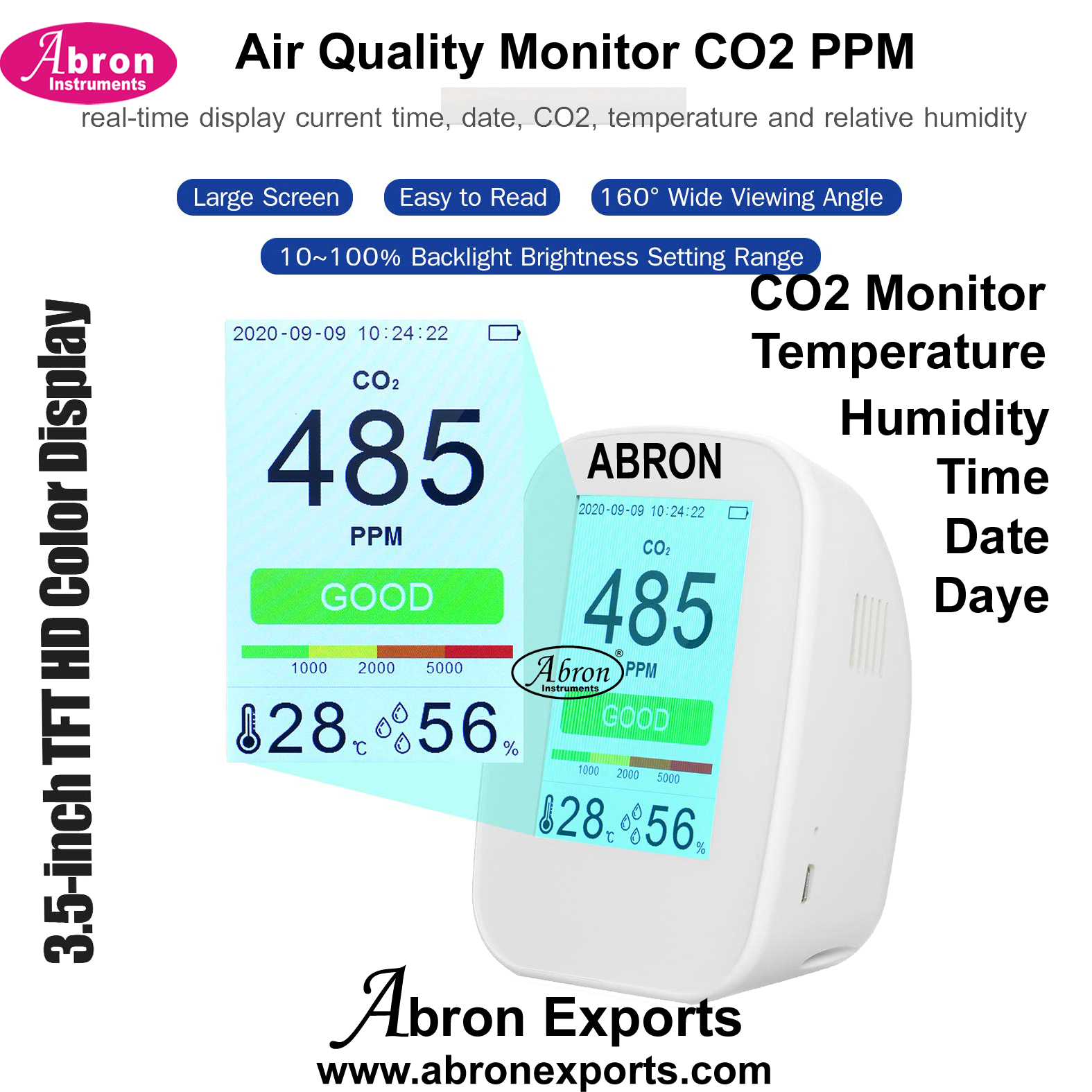 Air Quality Monitor Digital CO2 meter table RH Humidity Temperature Detector Indoor Outdoor Monitor Tester Data Abron AM-130AQRHC 